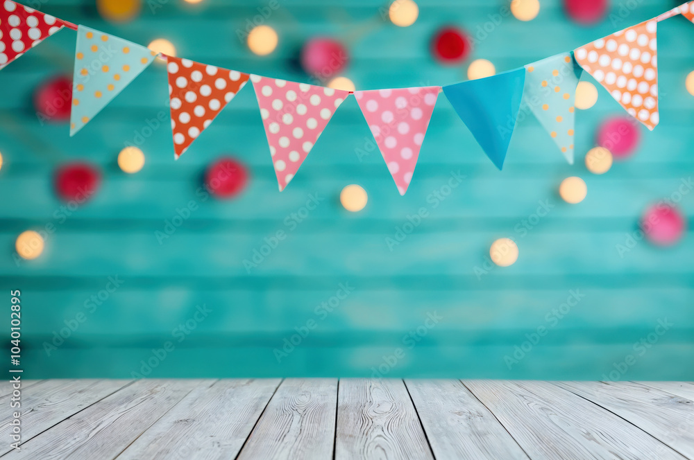 Poster empty wooden table with colorful party flags hanging over it, perfect for product placement