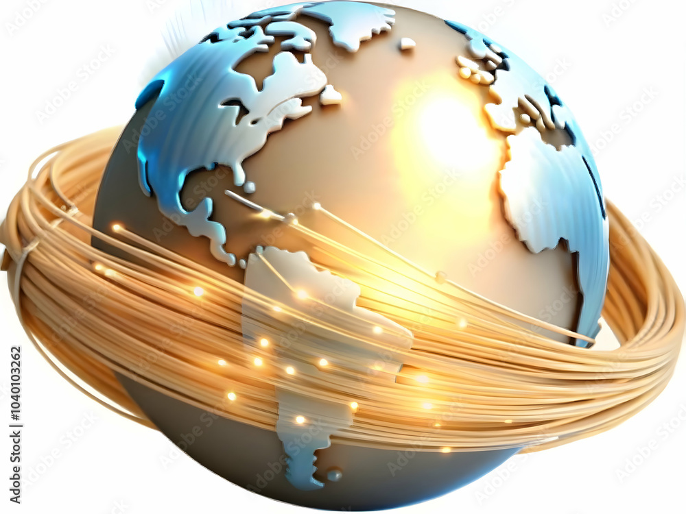 Poster glowing fiber optic cables forming globe macro photograph - interconnected global data network symbo