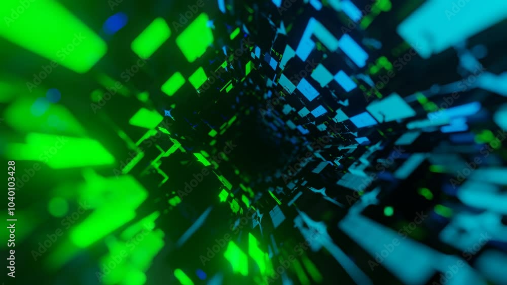 Poster 4k seamless looped animation. fly through mirror tunnel with neon pattern, glow lines form sci fi pa