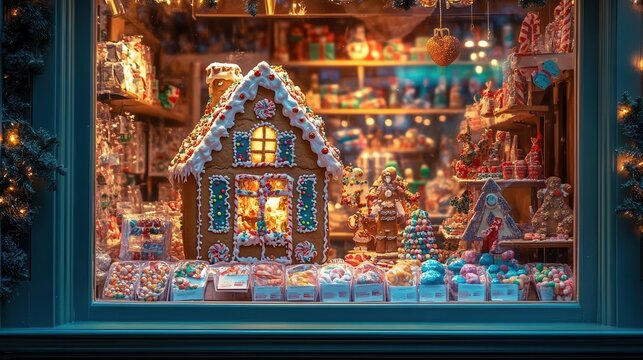Magical Christmas candy shop with a giant gingerbread house in the window, colorful candy displays, and festive holiday lights