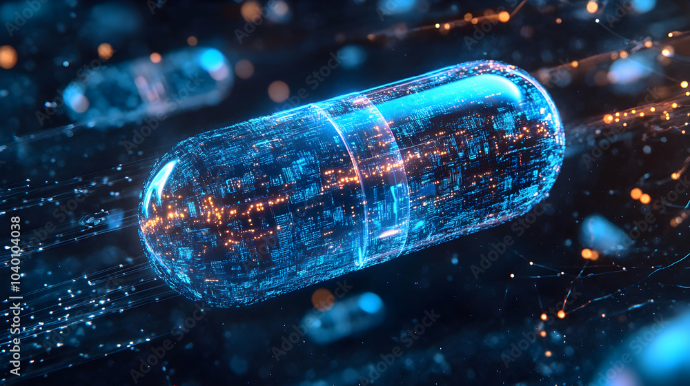 Aufkleber top view of a blue capsule surrounded by digital data streams representing technology and innovation
