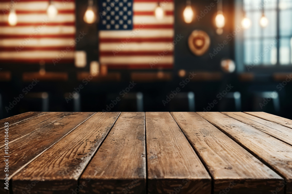 Poster empty wooden tabletop over blurred background of american bar with american flag for product display