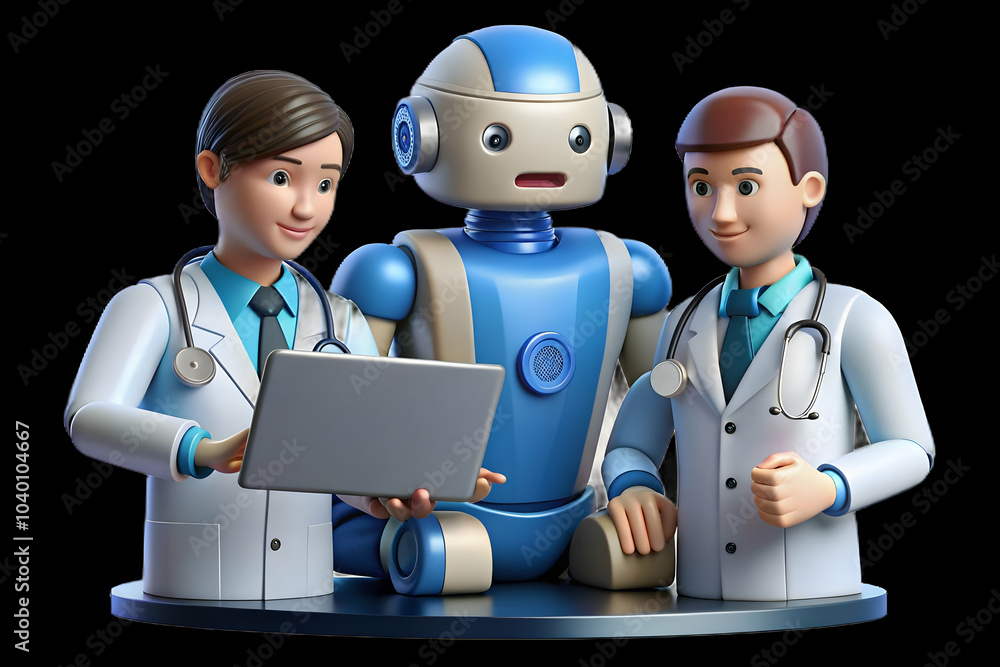Poster medical team collaborating with robot during training session - candid image of doctors and nurses w
