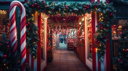 Obraz premium Vibrant Christmas candy shop with oversized candy canes framing the entrance, decorated with festive wreaths and garlands