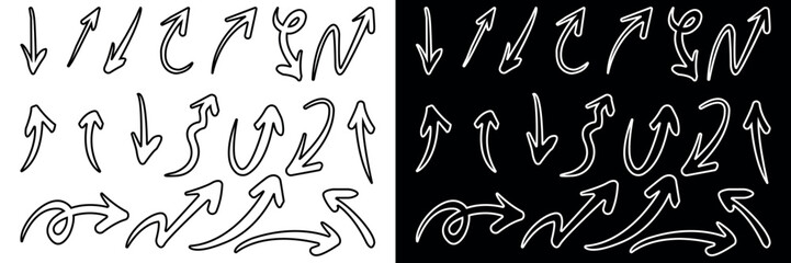 Set of outline Hand drawn arrows. Sketch arrow design for business plan and education. Vector illustration isolated on black and white background.