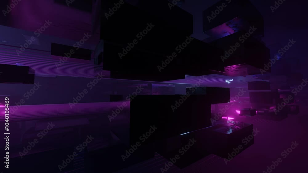 Poster fly through technology cyberspace with neon glow. sci-fi constructions, mysterious 3d objects in fog