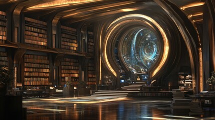 Obraz premium Enchanted Library with Mystical Portal