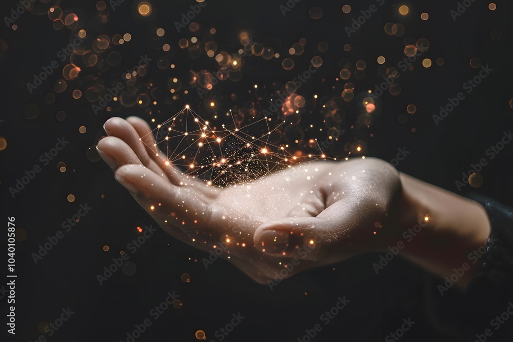 Poster enchanting hand with sparkling connections in a dark background