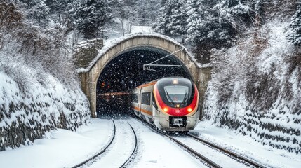 Train Emerging from Snowy Tunnel in Winter Wonderland