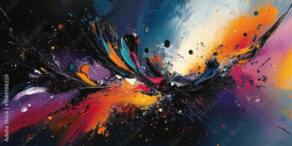 Poster vibrant dark abstract expression, dynamic brush strokes, rich colors intertwining, evoking emotion a