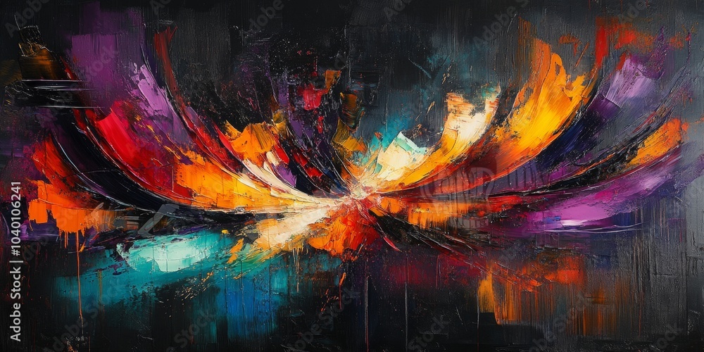 Poster vibrant abstract expression, dynamic brush strokes blend dark hues with vivid colors, creating an em