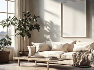 Fototapeta premium Sun-Drenched Living Room Mockup: A serene and inviting living room scene with a large blank canvas, perfect for showcasing your artwork, designs, or branding. The soft.