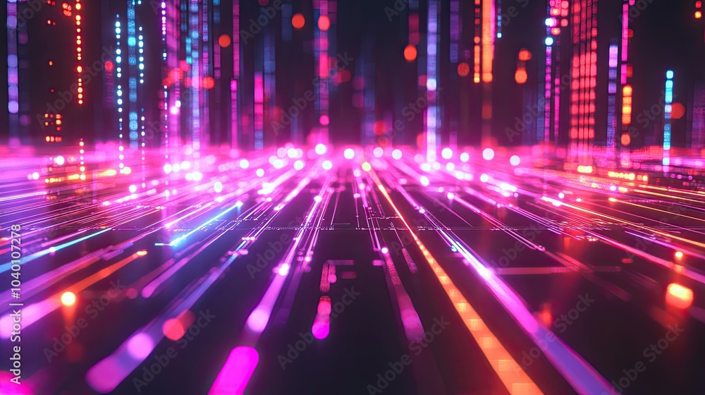 Poster abstract digital circuitry pattern with glowing light streams on a futuristic background.