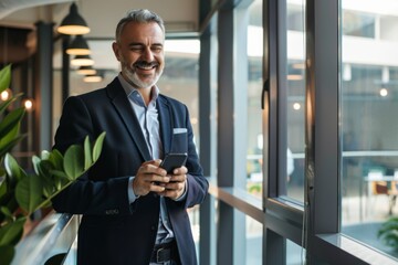 Naklejka premium Confident middle-aged CEO engaging with mobile technology in a modern office environment