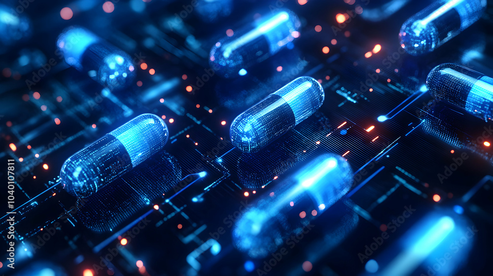 Poster abstract top view of blue capsules arranged in a digital grid pattern