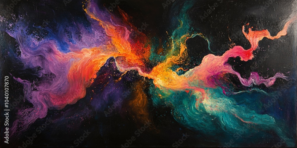 Poster surreal dark and colorful abstract composition in soft pastels, blending vibrant hues with dreamy fo