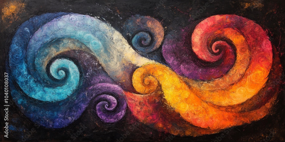 Poster vibrant swirls of chalk, a captivating blend of dark hues and vivid colors creating an intricate abs