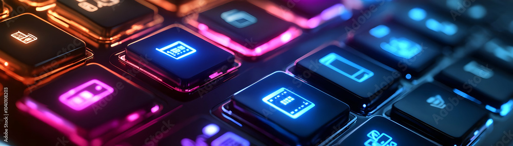 Poster close up image of futuristic keyboard keys with symbols for buying and digital commerce, innovative 