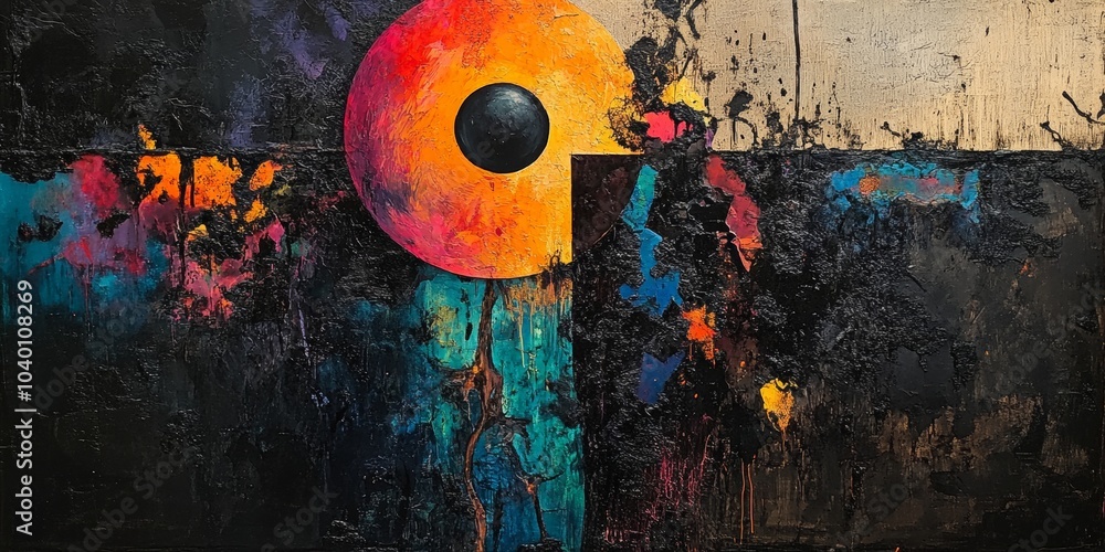 Poster vibrant dark abstract composition, intricate textures blending colors in a dynamic mixed media style
