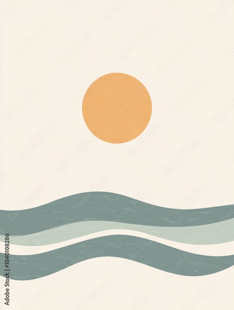 Poster Soft waves gently ripple as a minimal sun rises, creating a tranquil setting ideal for beach vacations and relaxation. Generative AI