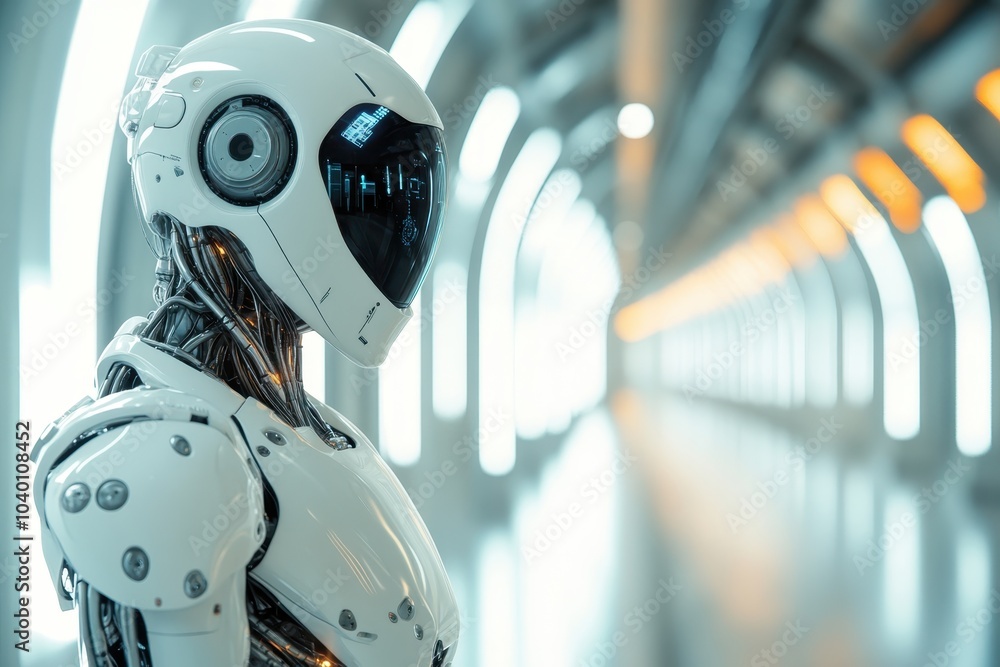 Aufkleber a futuristic robot stands in a sleek, illuminated corridor in a sci-fi setting