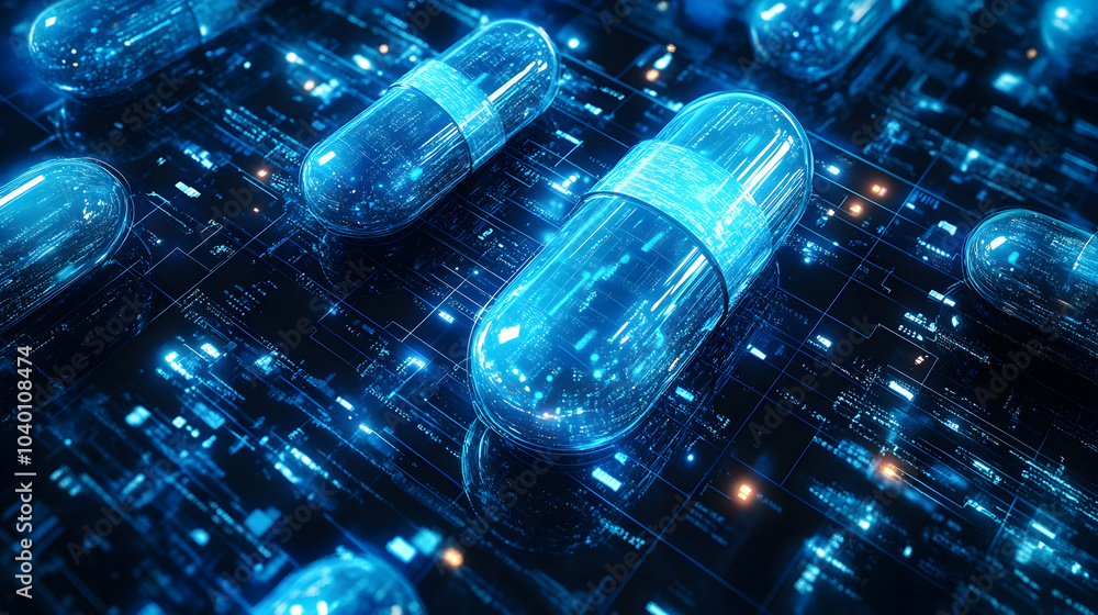 Poster top view of abstract blue capsules arranged in a digital grid pattern