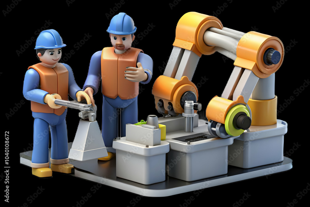 Poster engineers collaborating robots assembly line modern factory candid shot human machine collaboration 