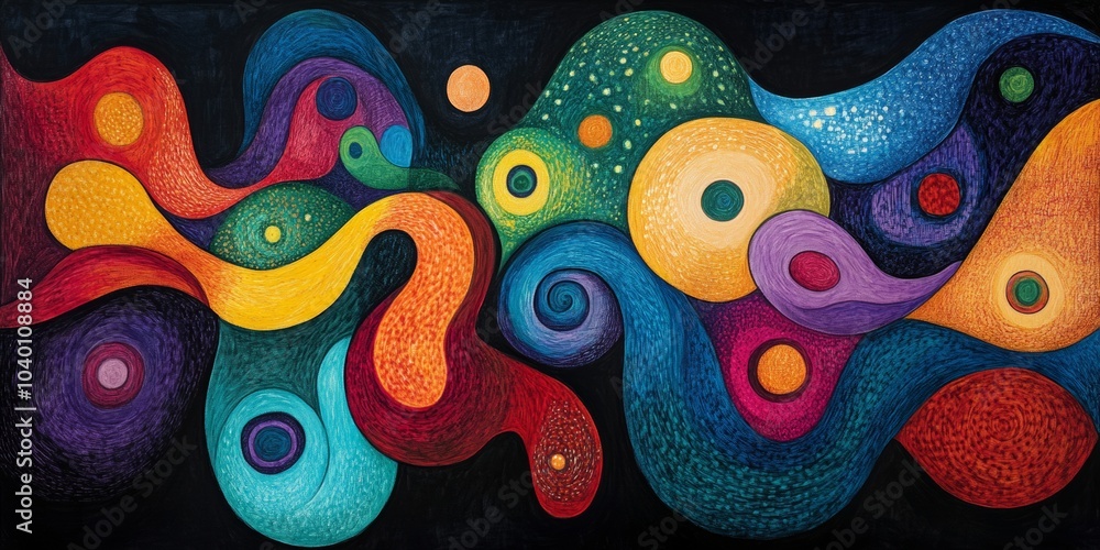 Poster whimsical crayon scribbles in dark and colorful abstract design, a playful blend of hues and forms i