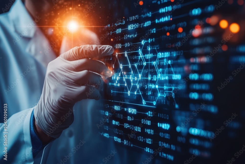 Poster a scientist examines digital data visualizations in a laboratory setting at night