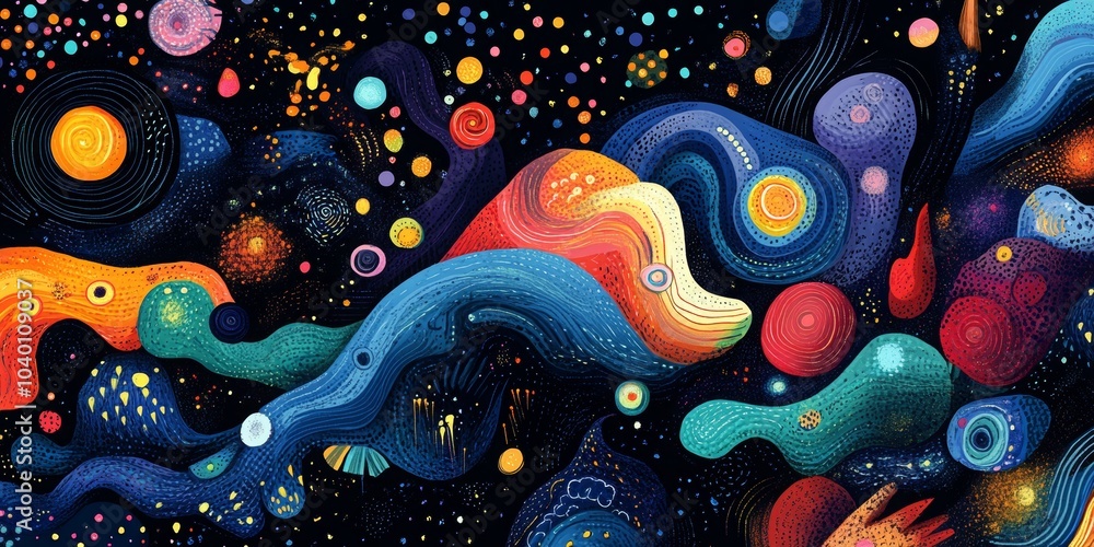 Poster whimsical crayon scribbles in dark and colorful abstract design, playful and imaginative visual expr