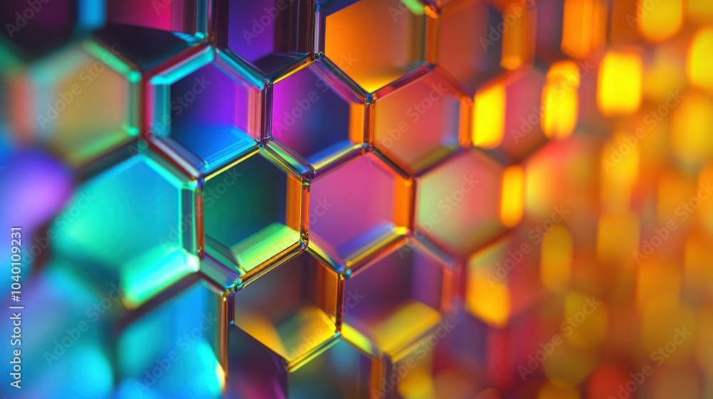 Poster unusual honeycomb pattern made from iridescent crystal, with light refracting through each hexagon