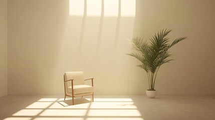 Fototapeta premium Indoor palm plant next to a simple armchair in a minimalist living space