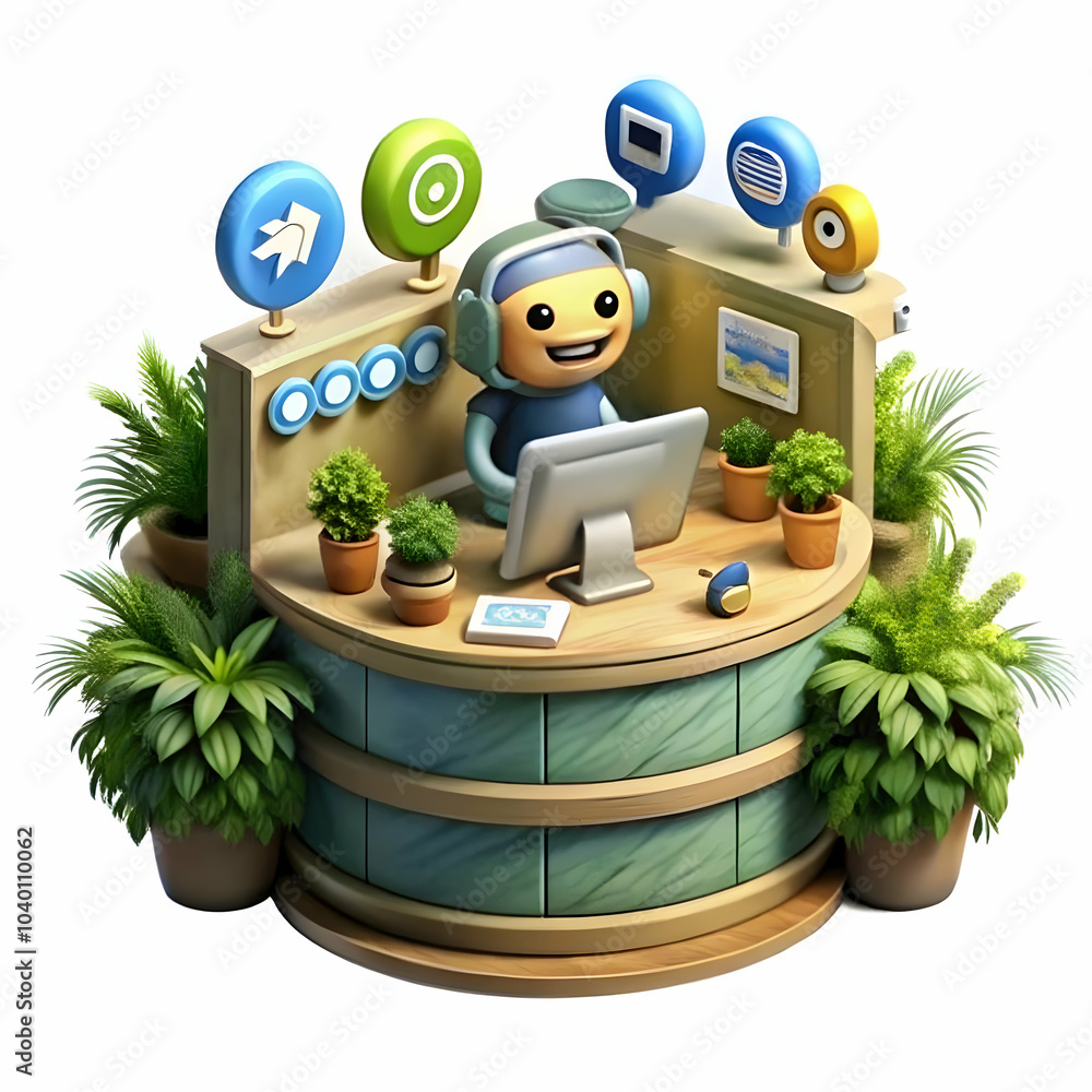 Poster floating ai chatbot icons above customer service desk in office setting - illustrating ai's role in 