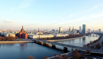 Fototapeta premium Vibrant cityscape at sunrise with iconic architecture and river