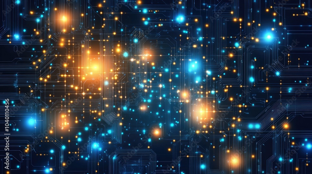 Poster abstract digital circuitry pattern with glowing light streams on a futuristic background.