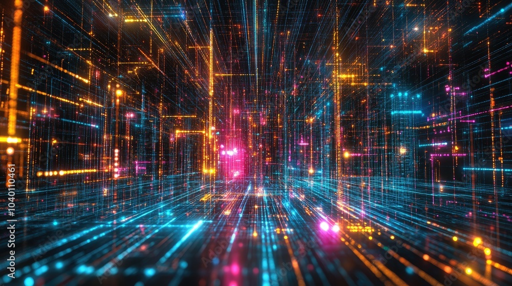 Poster abstract digital circuitry pattern with glowing light streams on a futuristic background.
