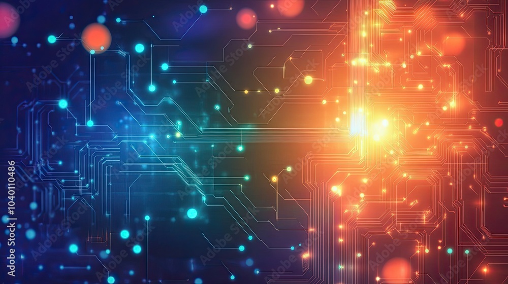 Poster abstract digital circuitry pattern with glowing light streams on a futuristic background.