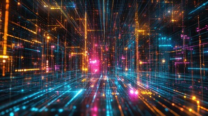 Abstract digital circuitry pattern with glowing light streams on a futuristic background.