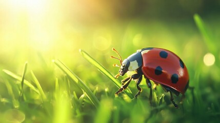 Naklejka premium ladybug crawling on a green blade of grass, with sunlight reflecting off its bright red shell