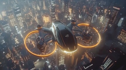 Futuristic Drone Over Cityscape at Night