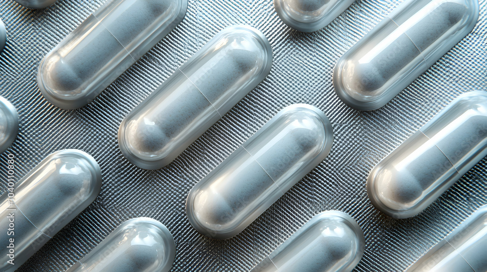 Poster top view of colorful capsules arranged in a modern pattern on a sleek surface