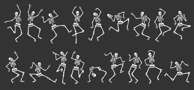 Creepy skeletons dancing. Funny halloween horror characters in different poses, day of dead mascots, holiday happy skull and bones, decorative cartoon flat style isolated tidy vector set