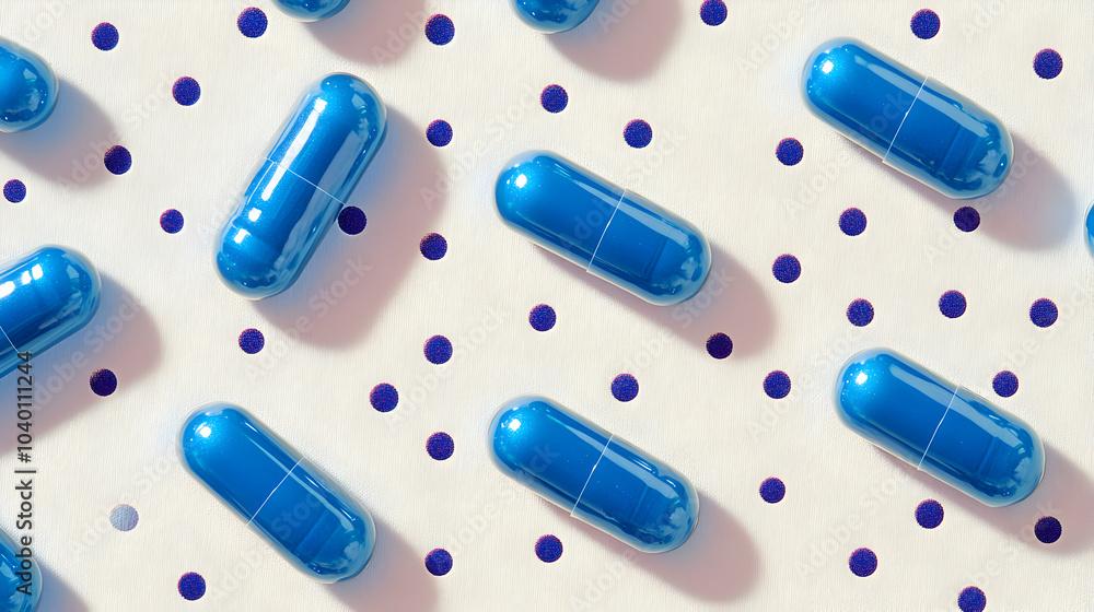 Poster top view of multiple blue capsules arranged in an alternating pattern on a white surface