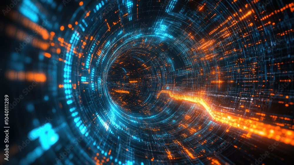 Poster abstract digital tunnel with glowing data streams, perfect for tech process visuals.