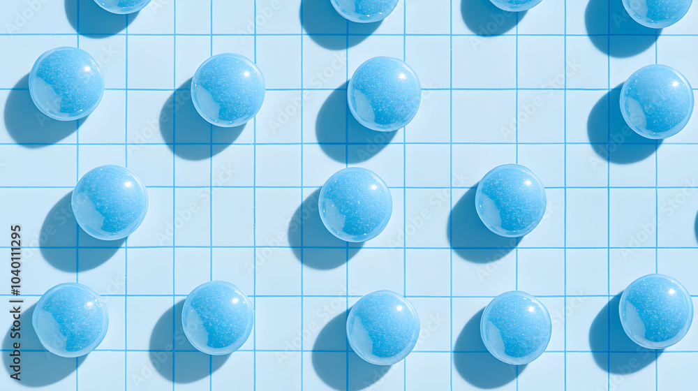 Poster top view of multiple blue capsules arranged in an alternating pattern on a light background