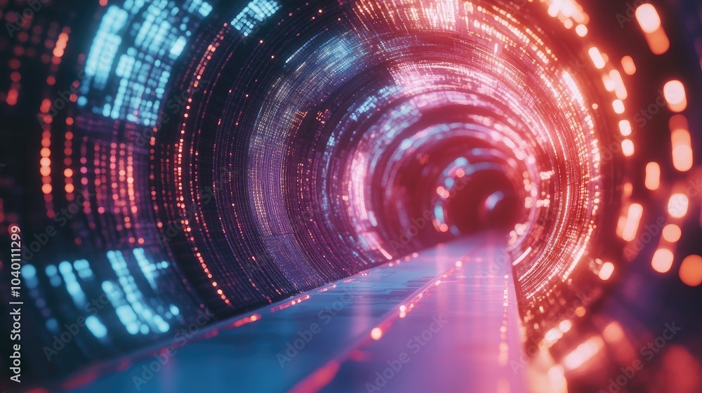 Poster Abstract digital tunnel with glowing data streams, perfect for tech process visuals.