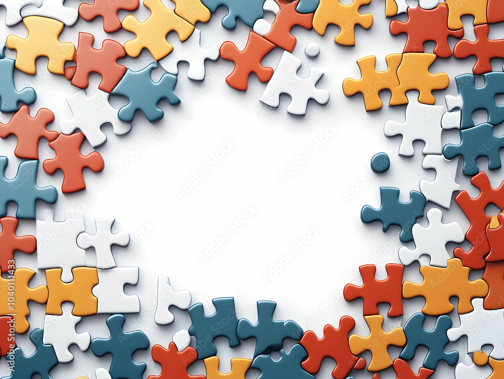 Poster flat plain puzzle pieces scattered over glossy white surface with copy space for problem solving col