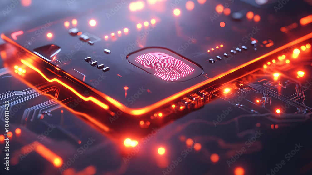 Poster 3d macro shot futuristic credit card embedded fingerprint scanner close-up sleek design glowing circ