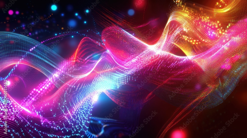 Poster abstract digital waveforms in neon colors on a futuristic technology backdrop.
