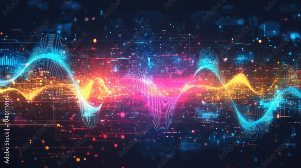 Poster abstract digital waveforms in neon colors on a futuristic technology backdrop.